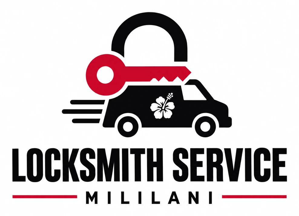 Locksmith Service Mililani logo: a red key and a black padlock over a black service van with a white hibiscus, above the company name