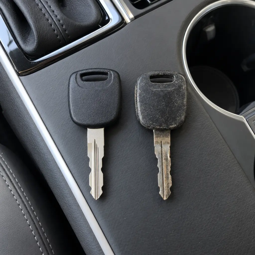 A newly cut car key beside a worn original key on a car's center console