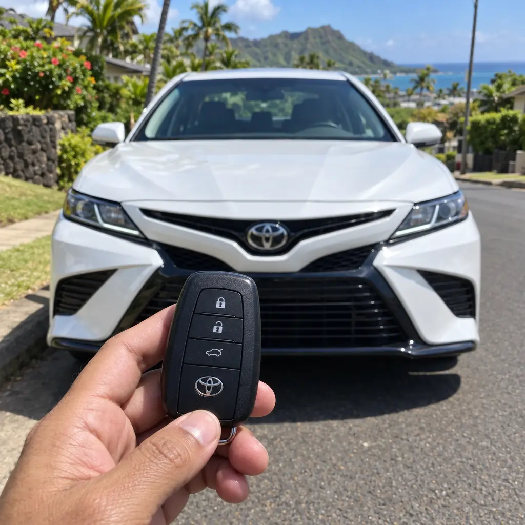 Hand holding a black Toyota smart key fob in front of a white Toyota Camry parked on a sunny street